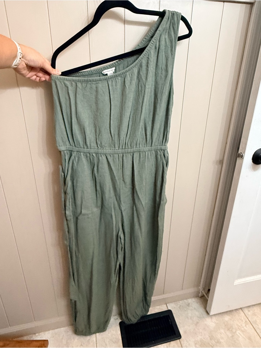 American Eagle Outfitters One-Shoulder Olive Jumpsuit